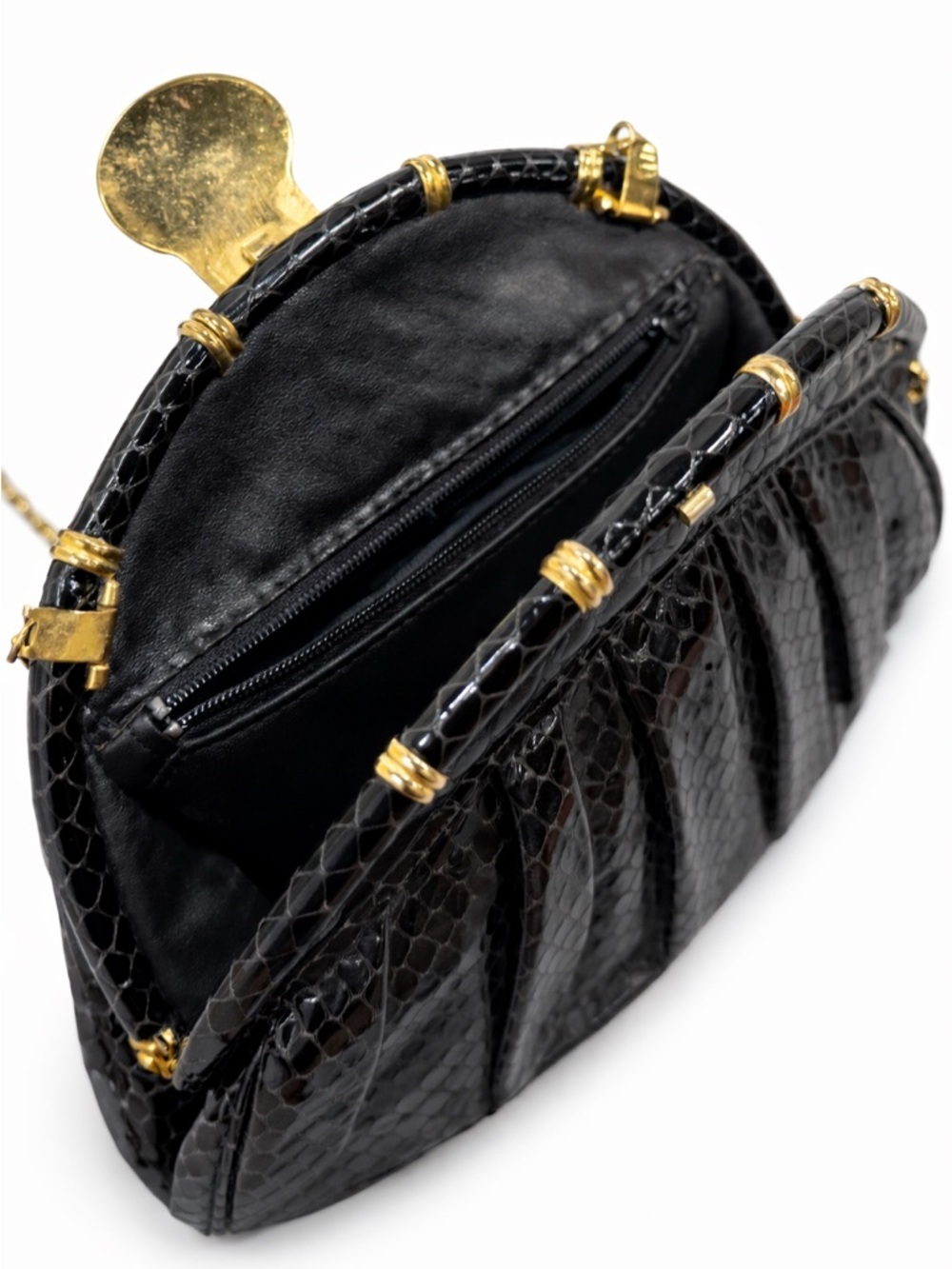 Vintage Black Snakeskin Clutch | Gold Chain Strap | 1980s Glam - Picture 3 of 13
